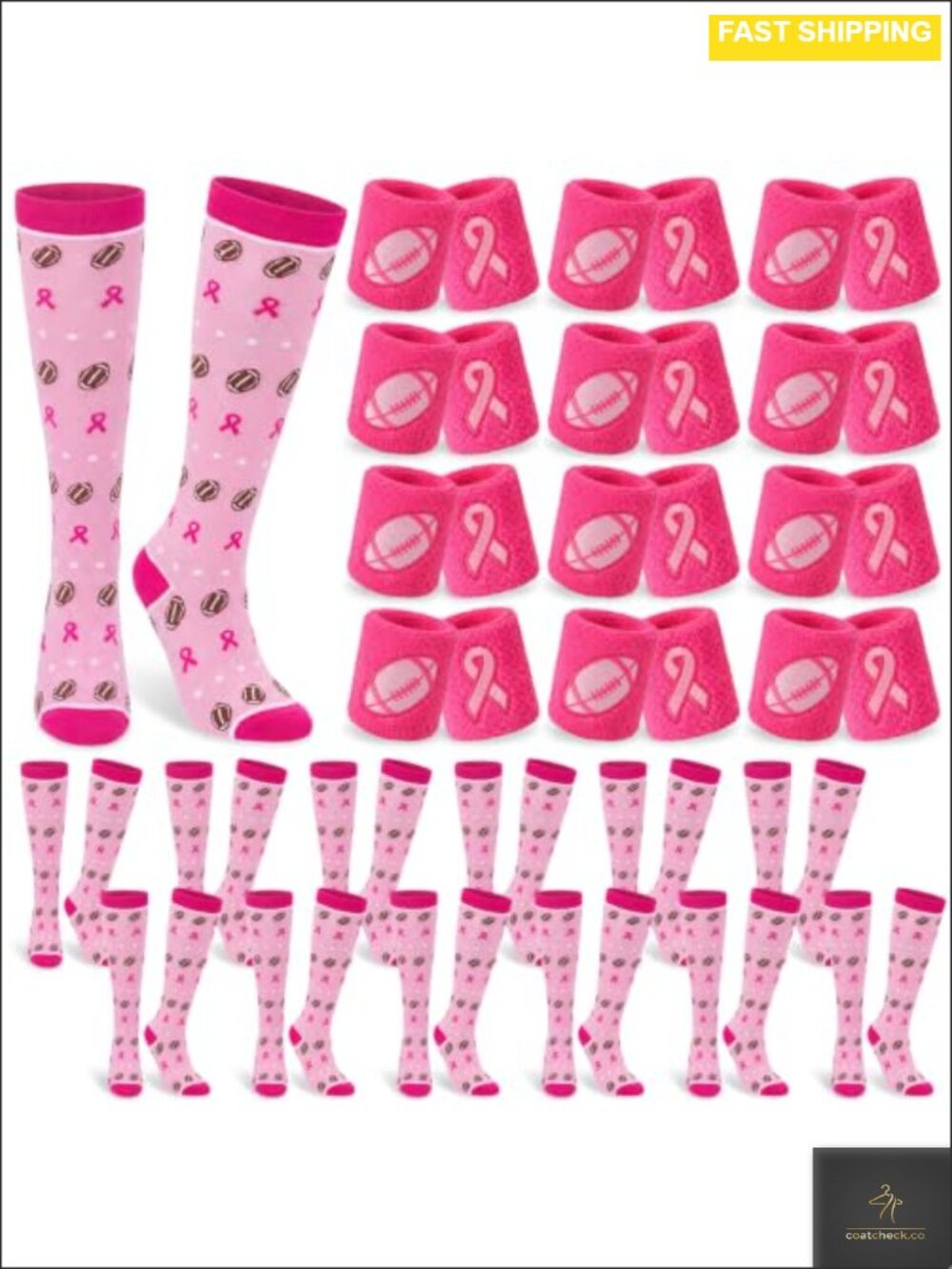 12 Pairs Polyester Breast Cancer Awareness Crew Socks & Wristbands Set